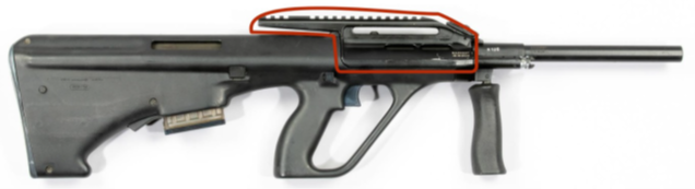 Abbildung 3 AUG Z, Übersichtsaufnahme der Waffe, rote Markierung Gehäuseoberteil ohn Abbildung 3: AUG Z, Übersichtsaufnahme der Waffe, rote Markierung Gehäuseoberteil ohne Optik