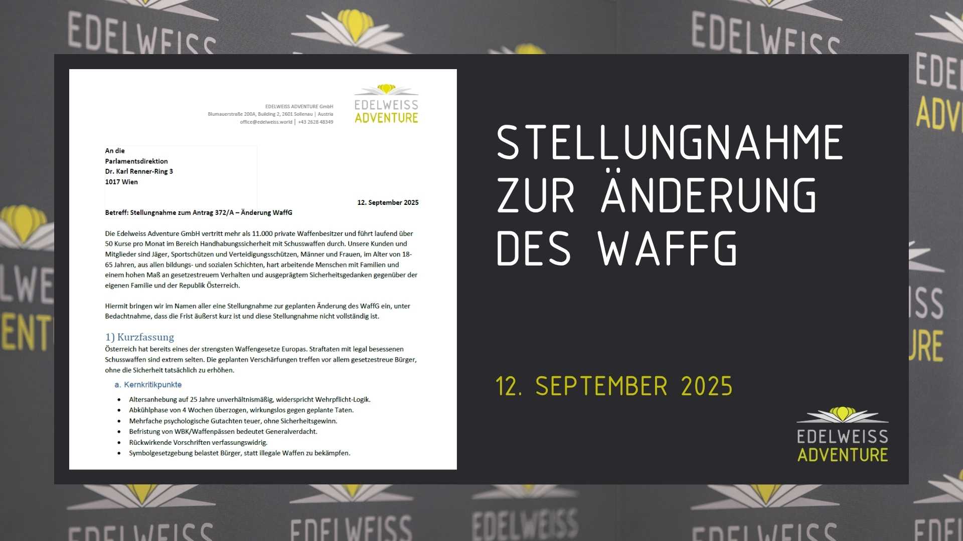 Symbolbild inkl. kleiner Ansicht der Stellungnahme zur Änderung des Waffengesetzes