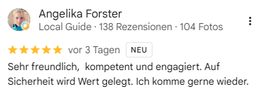 Google Rezension 15_kurz2 Screenshot einer Google Rezension: Freundlich, kompetent, engagiert