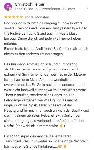 _Google Rezension _Gesamt Kursprogramm durchdacht Screenshot einer Google Rezension: Kursprogramm logisch durchdacht, Hands-on, Spaß und verinnerlichte Abläufe
