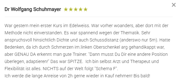 Rezension Lehrgang – Adaption Screenshot einer Rezension vom Lehrgang Barricades and Multiple Positions: Adaption an Situation war bei Edelweiss super - wo anders nicht zufrieden