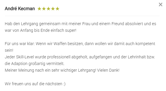 Rezension 2026_LG Pistole1_wenn waffen dann kompetent Screenshot einer Rezension vom Lehrgang 1 Pistole: Gemeinsam da und einfach super, jeder beim Skill-Level abgeholt