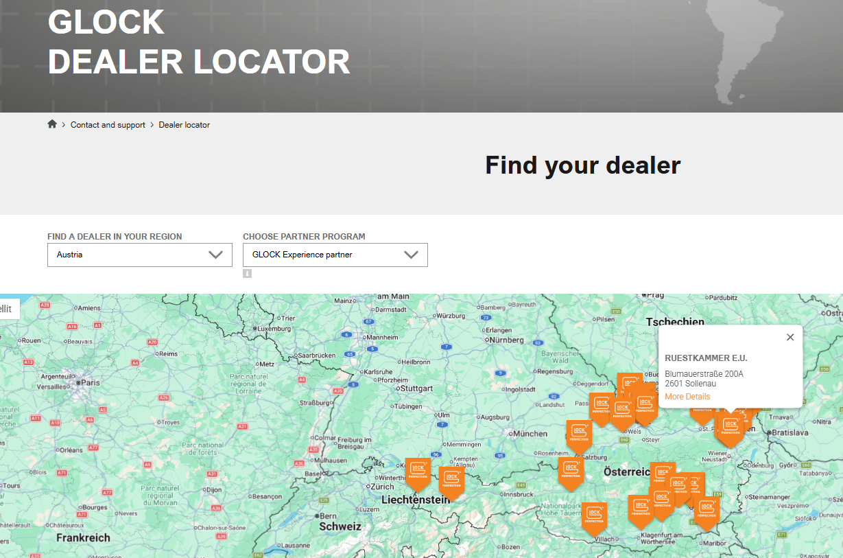 Screenshot des GLOCK Dealer Locator auf der Website, der Edelweiss Rüstkammer als GLOCK Experience Partner zeigt